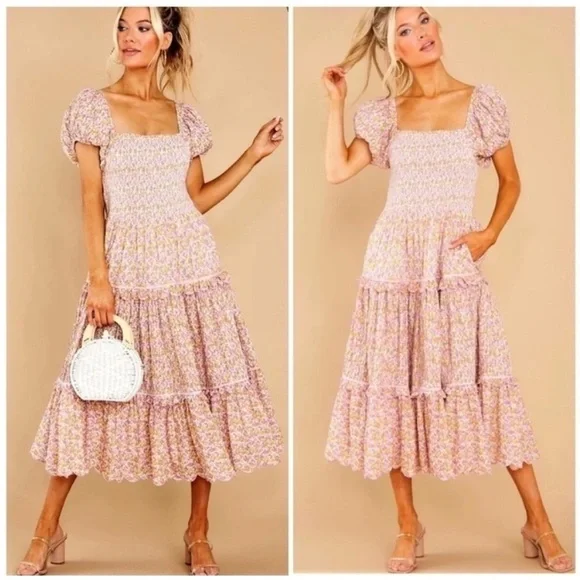 LoveShackFancy Masie Floral Midi Dress Fruity Punch - Picture 1 of 8